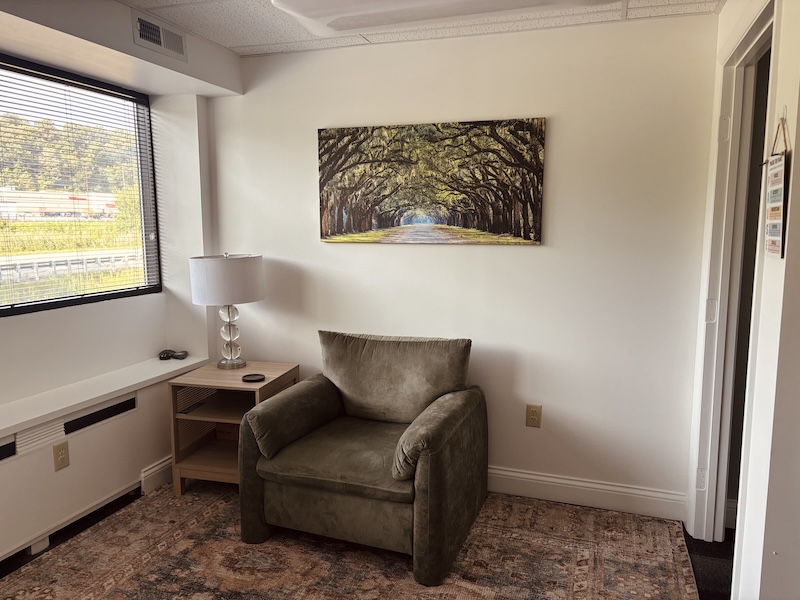A comfortable therapy office in Pittsburgh, PA with a cozy chair and plants.